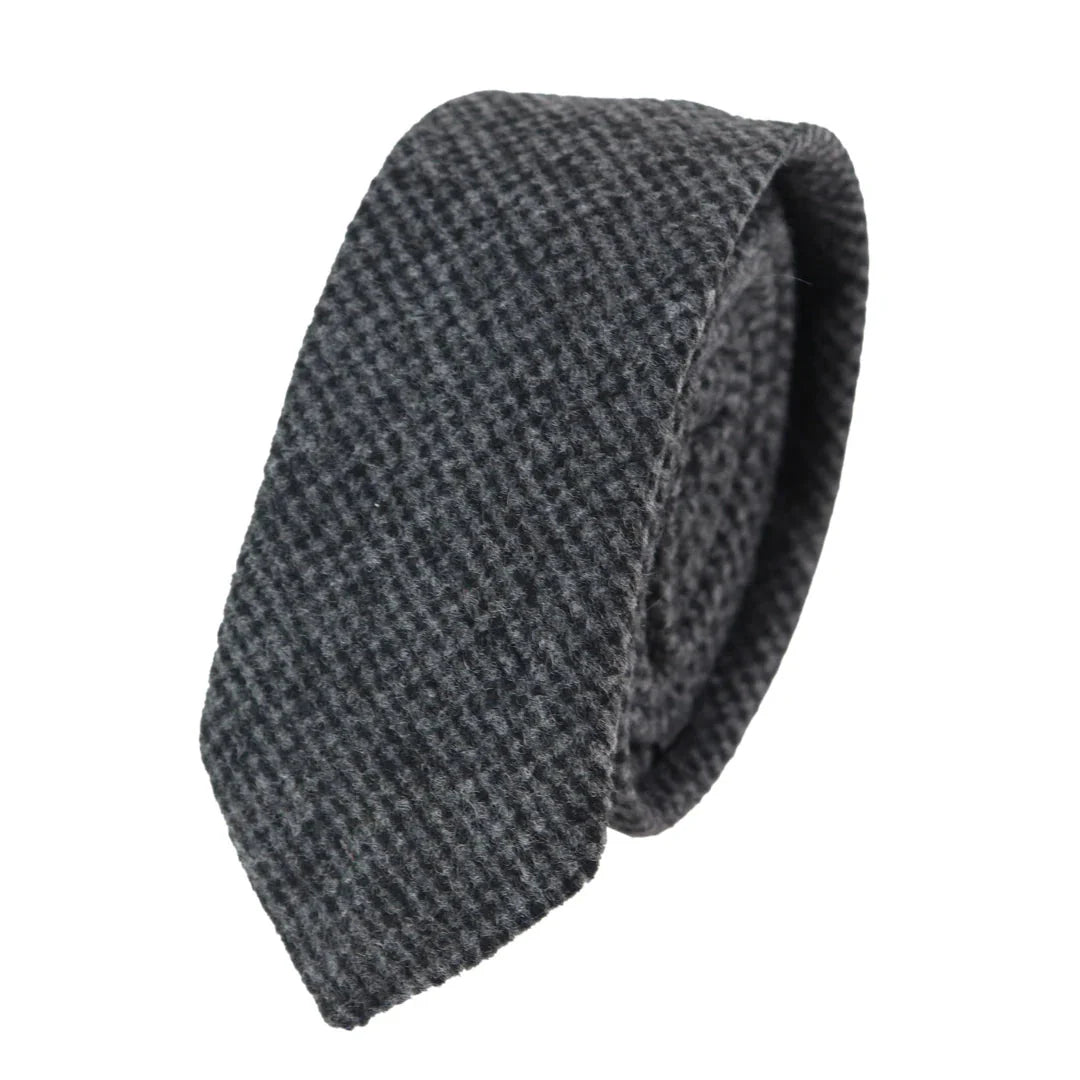 281 - Men's Charcoal Herringbone Tweed Wool Tie & Handkerchief 2"