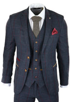 Mens Herringbone Tweed 3 Piece Navy Red Check Suit Vintage 1920s Tailored Fit