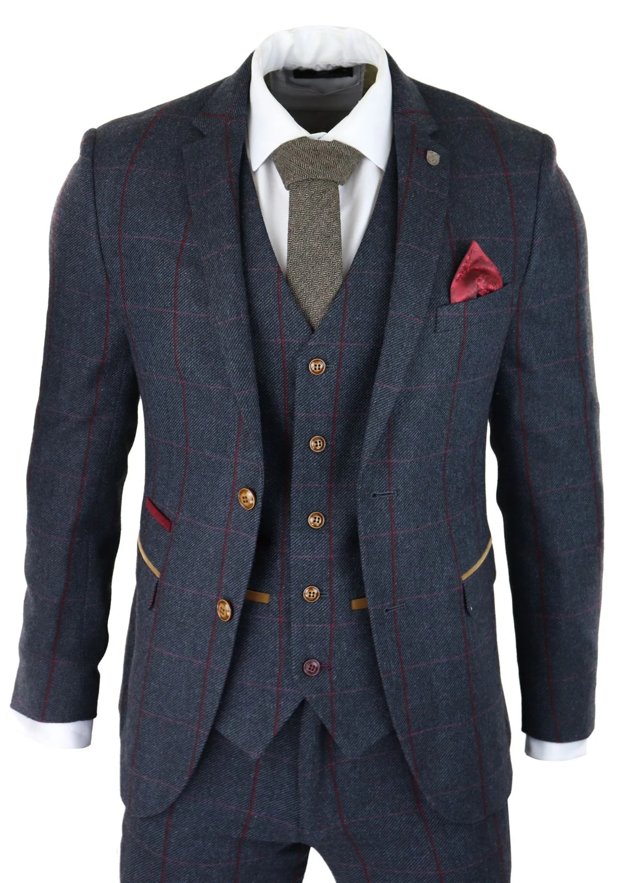 Mens Herringbone Tweed 3 Piece Navy Red Check Suit Vintage 1920s Tailored Fit