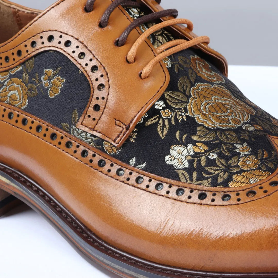 Ross - Men's Floral Print Leather Brown Brogue Shoes