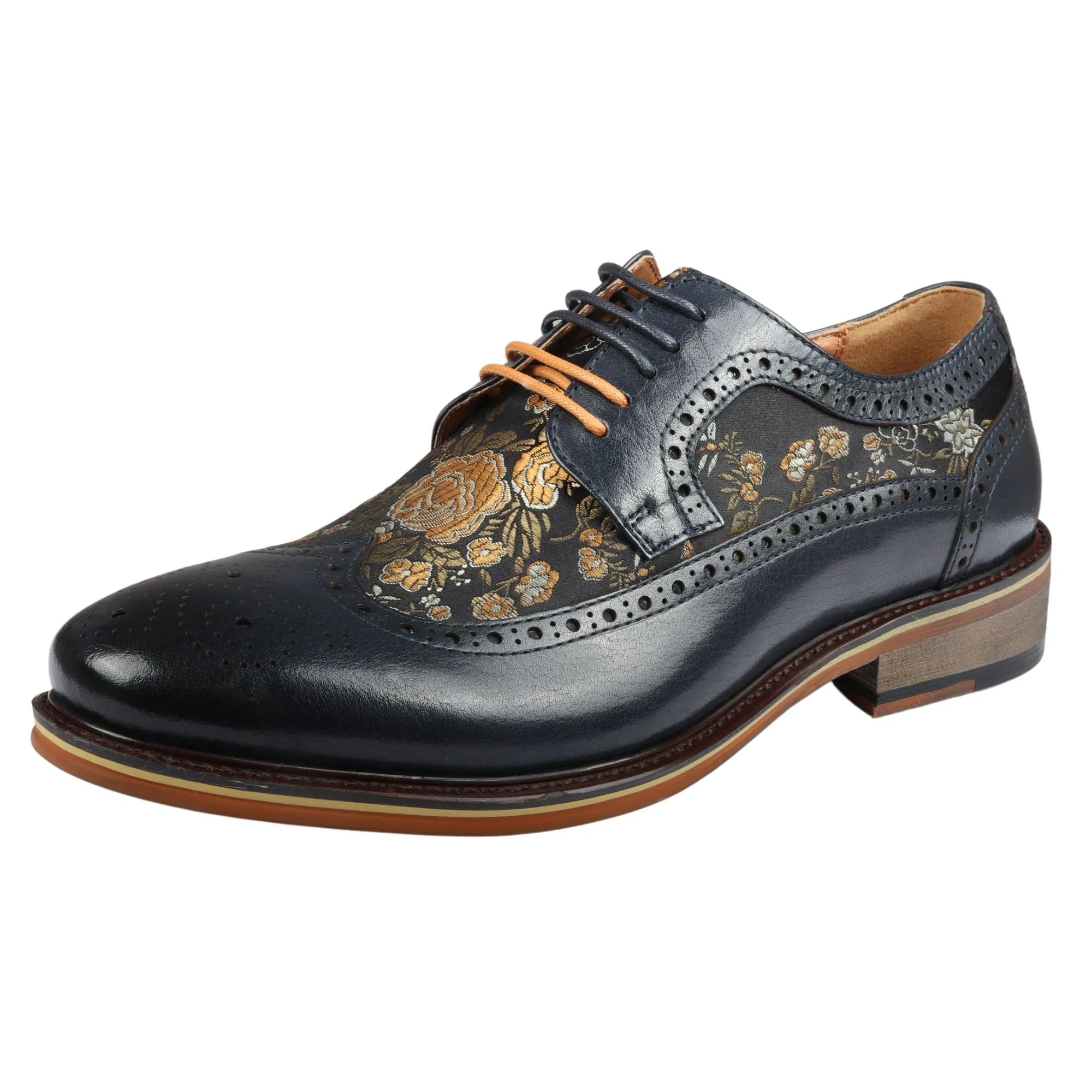Ross - Men's Floral Print Leather Navy Brogue Shoes