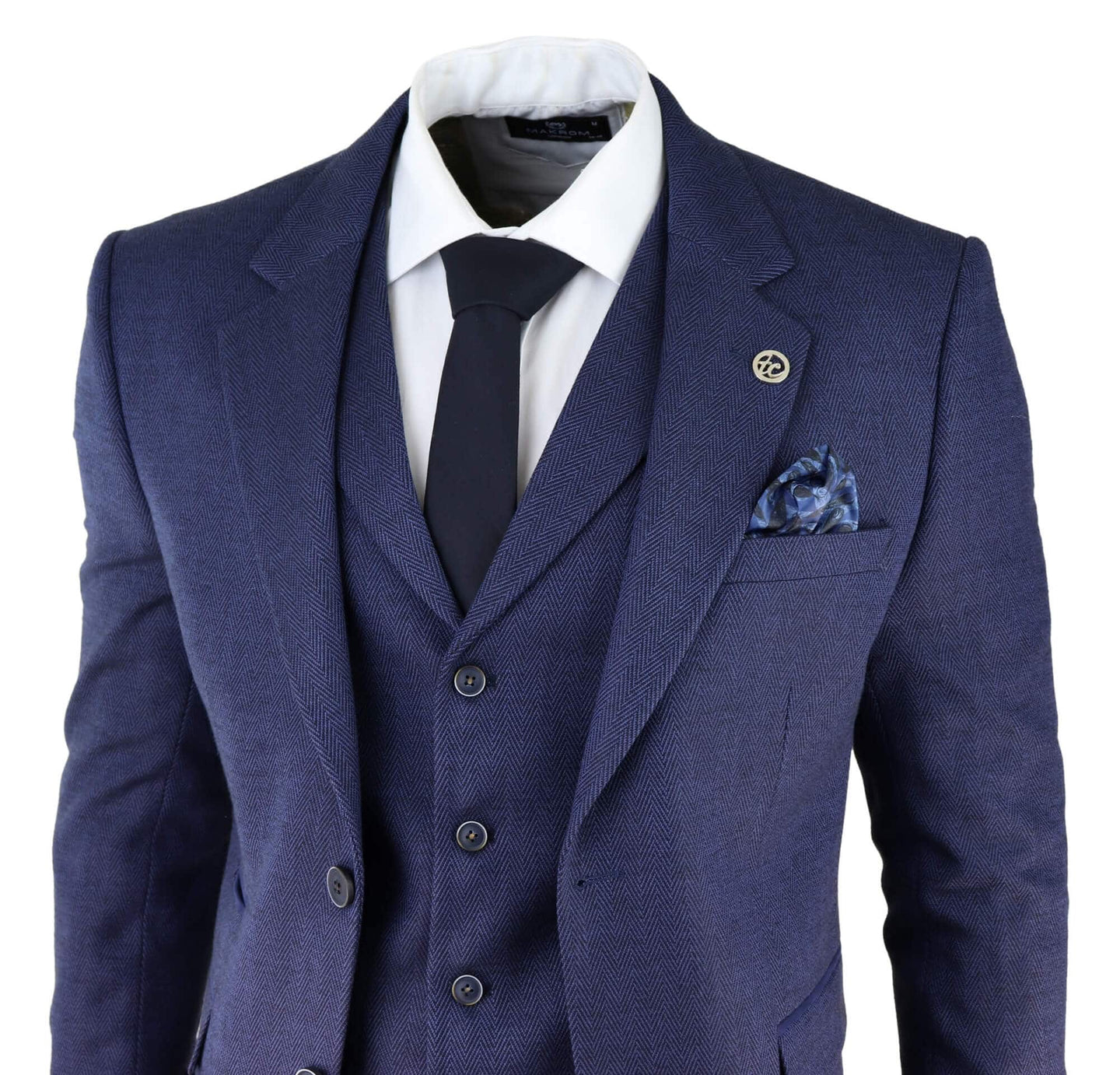 Men's Navy-Blue Herringbone Tweed 3 Piece Suit