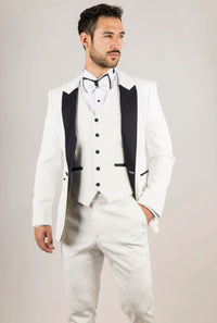 AK-24 Men's White 3-Piece Velvet Wedding Tuxedo with Black Lapels