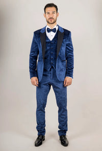 AK-27 Men's Blue 3-Piece Velvet Wedding Tuxedo with Black Satin Lapels