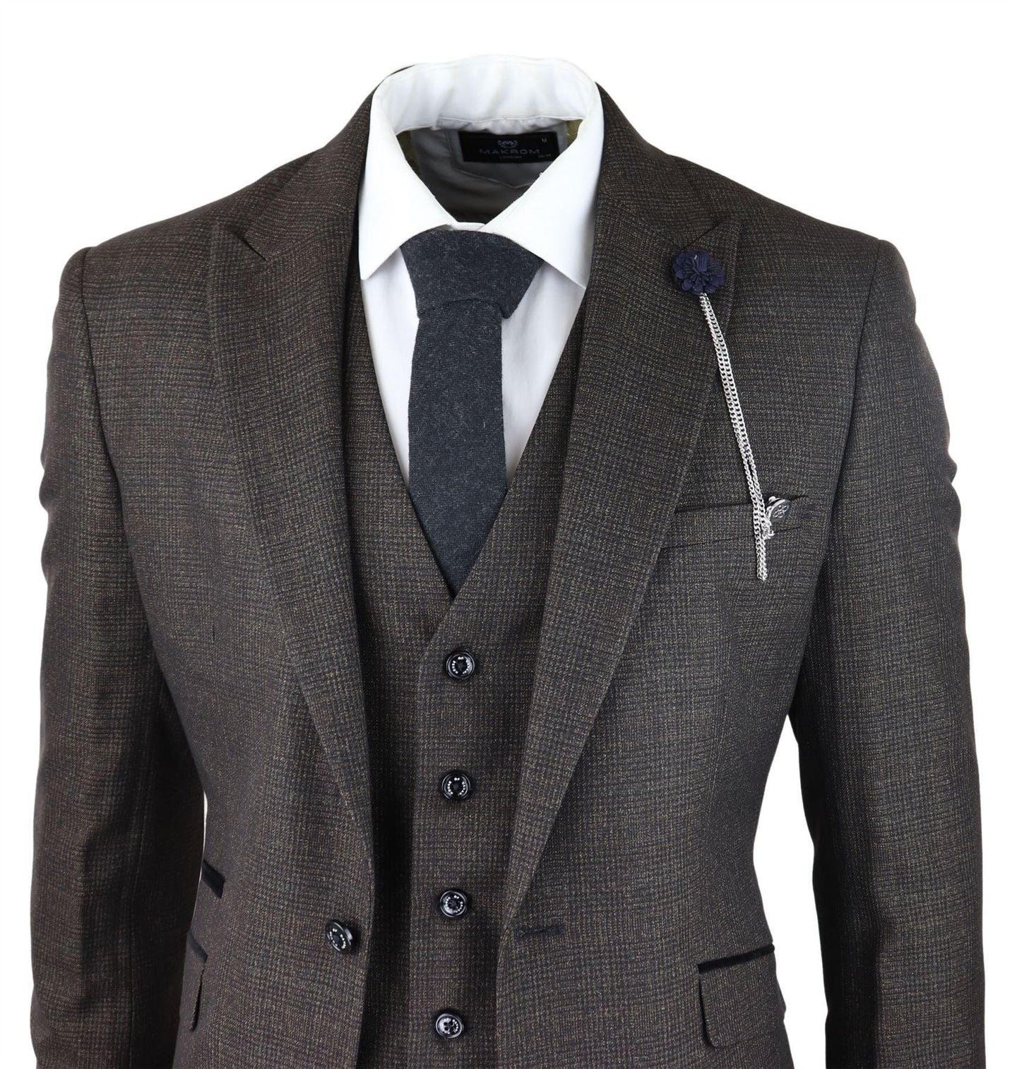 Mens 3 Piece Check Suit Tweed Black Brown Tailored Fit Wedding Peaky Classic
