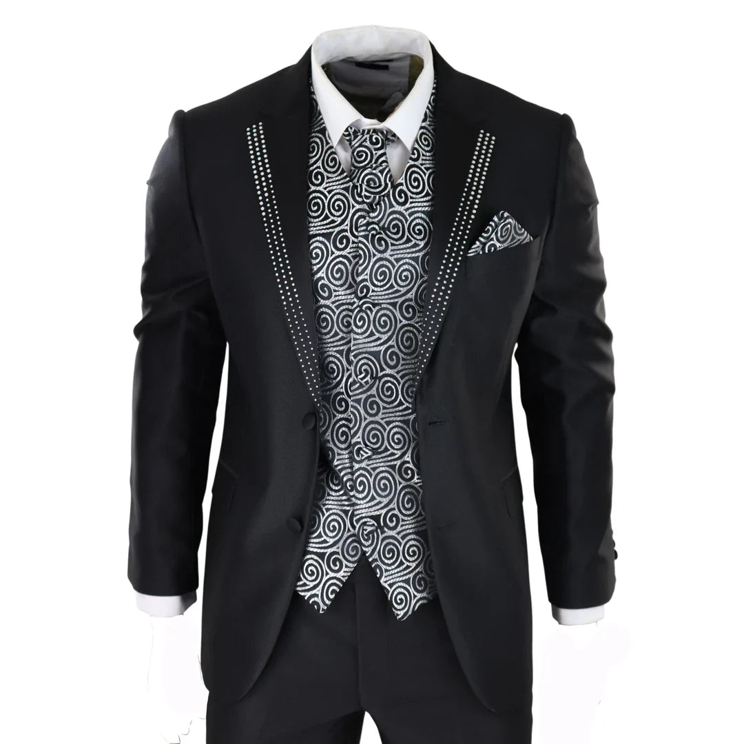 Men's Black 3-Piece Wedding Suit with Silver Cravat and Embellished Waistcoat