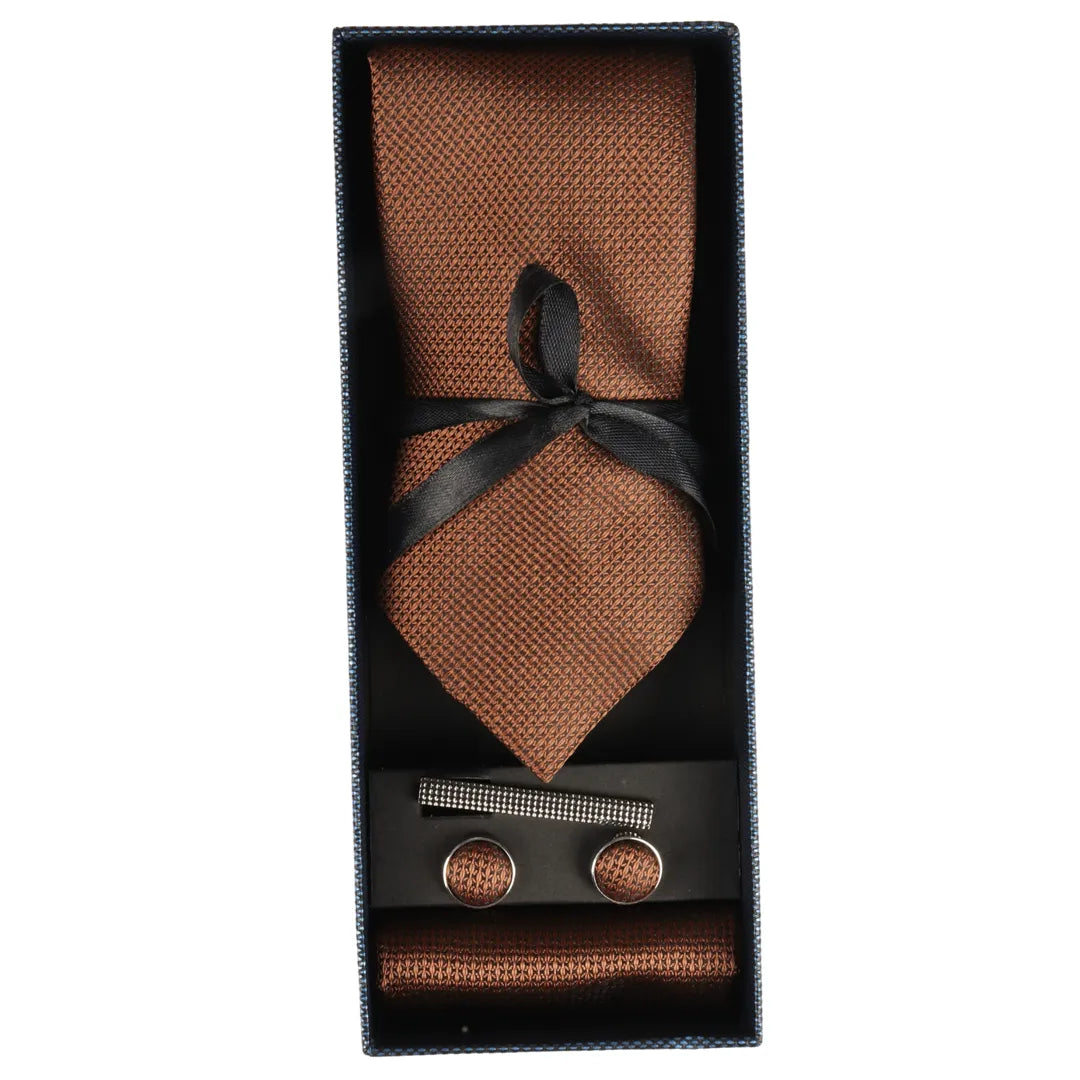 Diamond Neck Brown Tie Gift Set Pocket Square Cuff Links Pin Tie For Shirt Satin