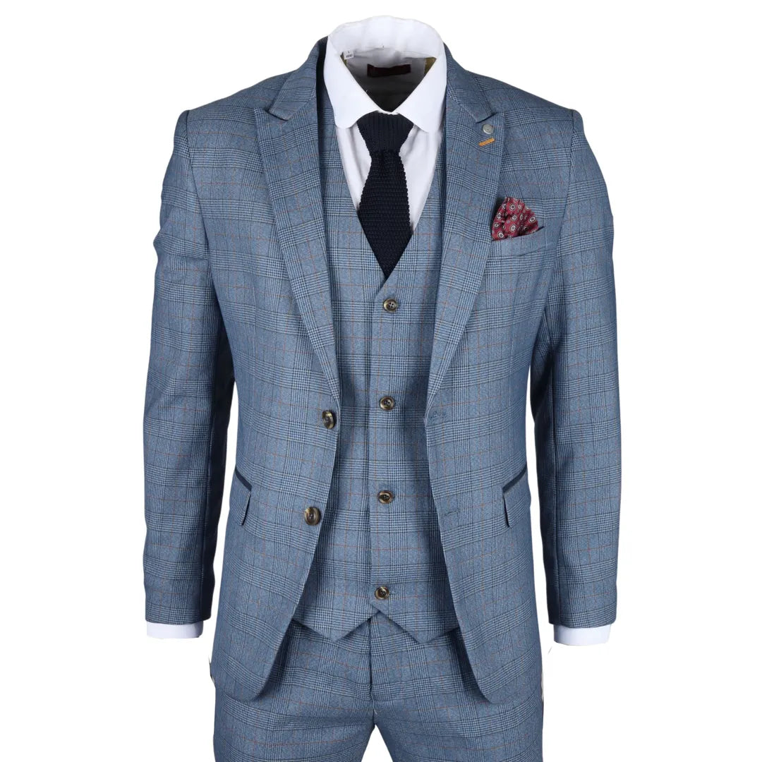 Earl Men's 3-Piece Blue Checked Tailored Suit