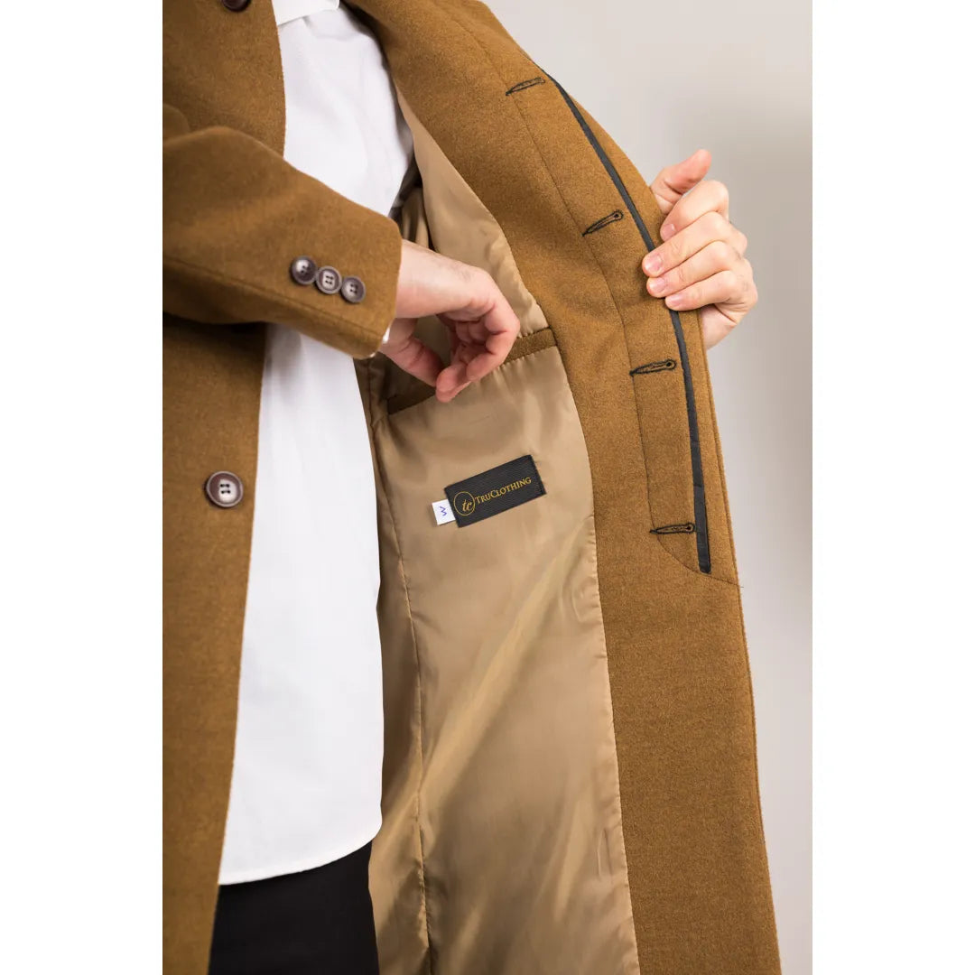 Men's Stand Collar Wool Blend Tan Overcoat