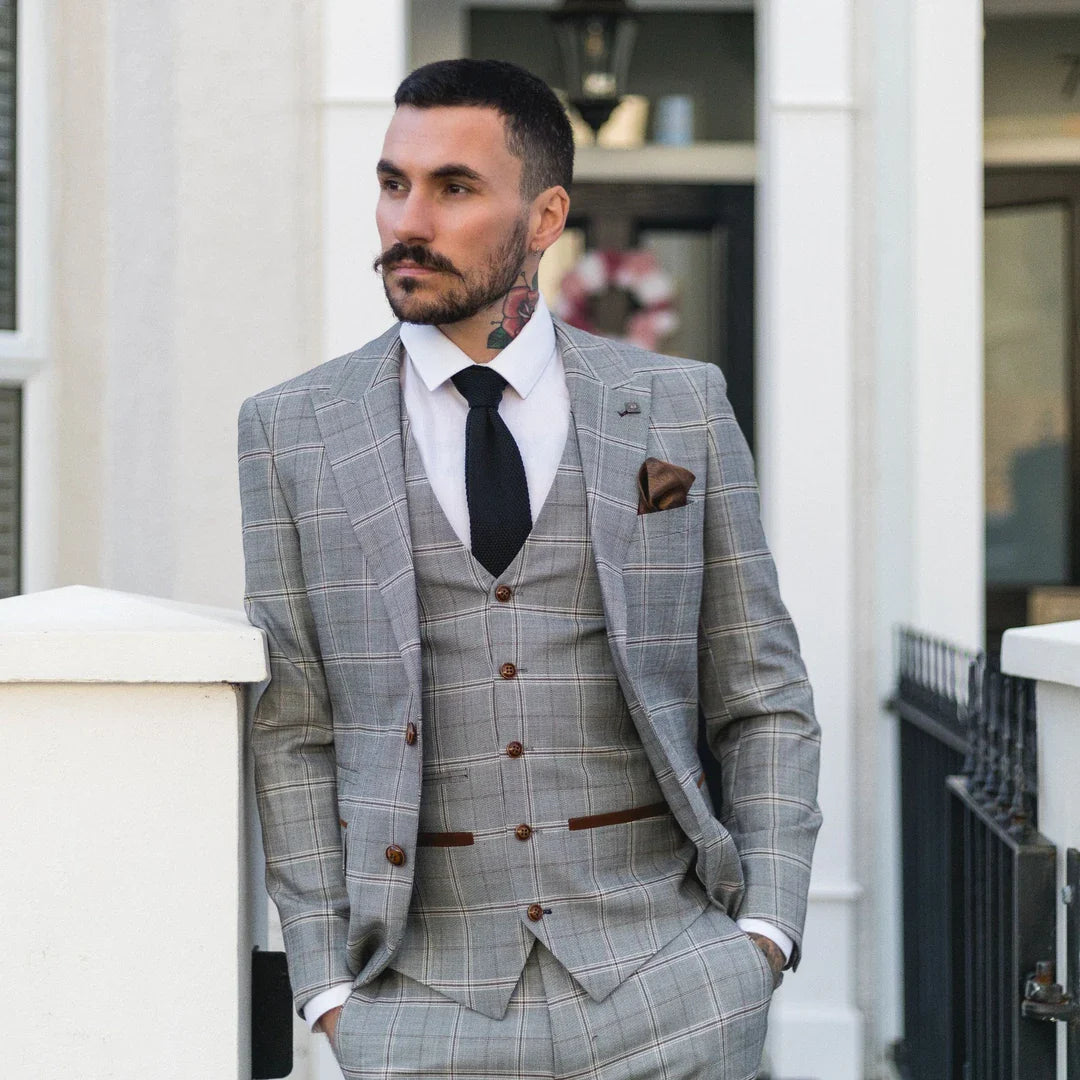 Francis Men's Grey 3-Piece Wedding Suit with Tan Brown Check and Velvet Trim
