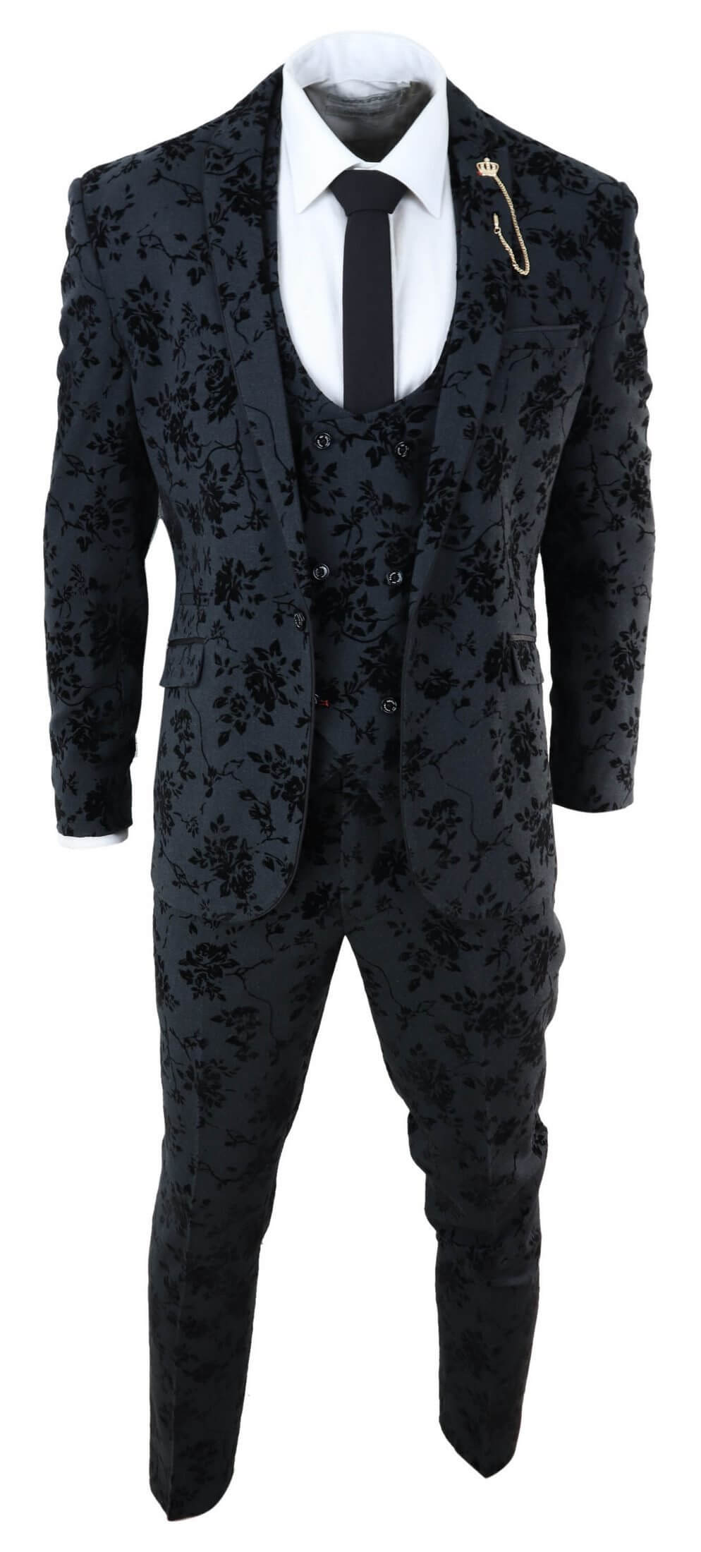Mens Black 3 Piece Paisley Velvet Suit
