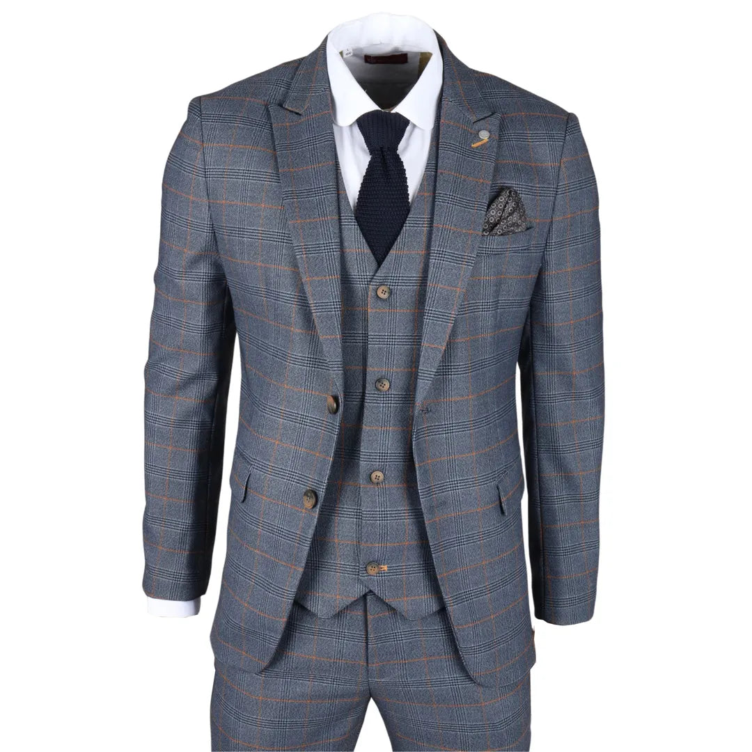 Gisborne Men's 3-Piece Navy Checked Suit with Mustard Accents