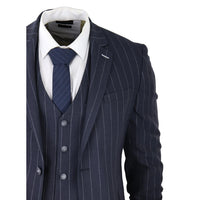 Mens 3 Piece Suit Pin Stripe Navy Classic Vintage Retro 1920s Tailored Fit Wedding
