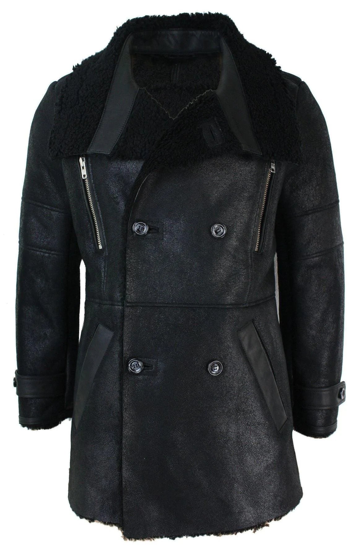 Mens Black 3/4 Military Real Sherling Sheepskin Batman Bane Double Breasted