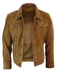 Real Suede Leather Mens Vintage Short Denim Style Retro Jean Jacket Casual - Brown Color
