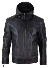 Mens Hooded Biker Leather Jacket - Black