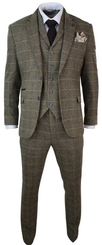 Cavani Albert - Men's Herringbone Tweed Check 3 Piece Suit - Tan Brown