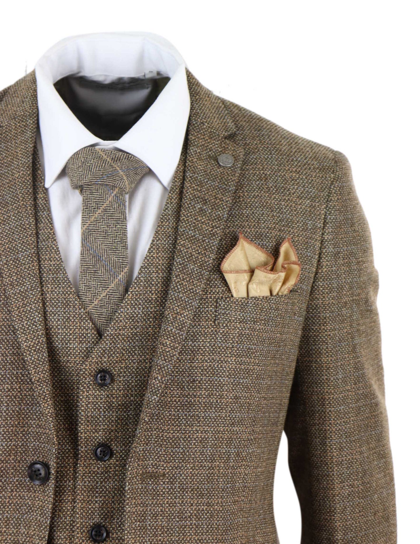 Mens 3 Piece Tweed Check Suit - Brown