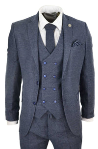 Mens Blue 3 Piece Suit with Double Breasted Waistcoat