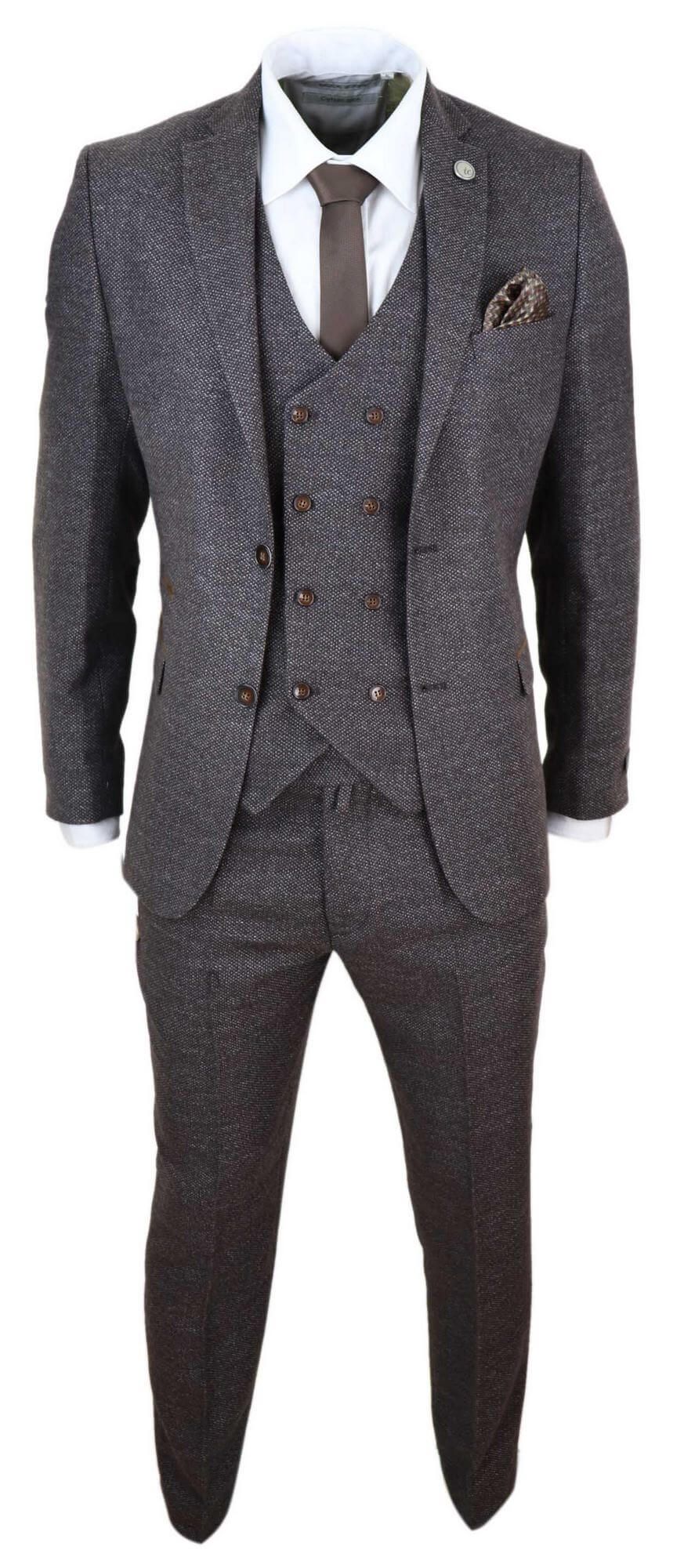 Mens Brown 3 Piece Suit with Double Breasted Waistcoat