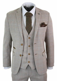 Paul Andrew Holland - Mens Check Tweed Beige Brown 3 Piece Suit Wedding Prom Vintage Retro Classic
