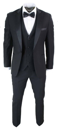 Paul Andrew Regent Black - Mens 3 Piece Black Classic Satin Tuxedo Dinner Suit Tailored Fit Wedding Prom