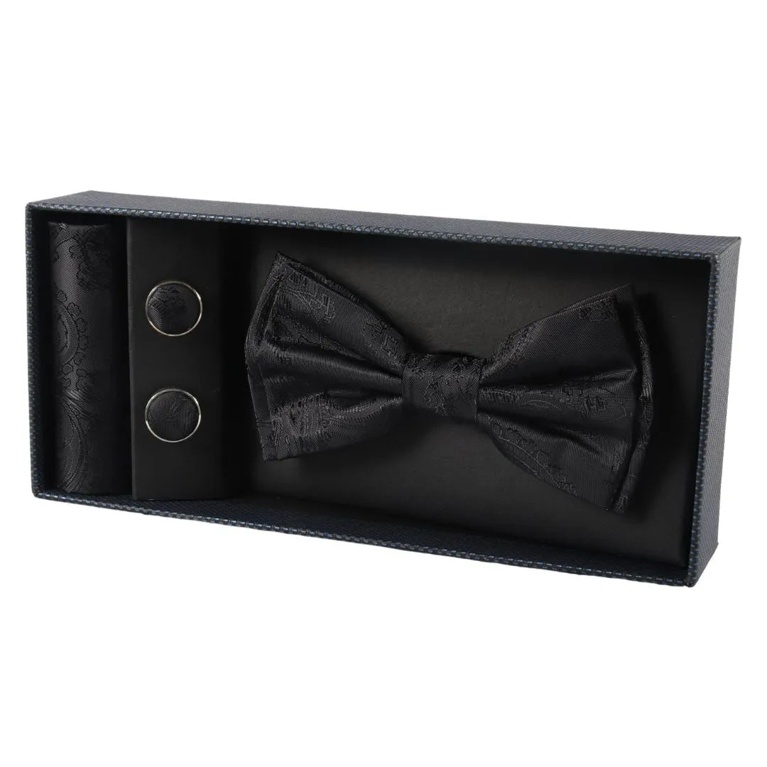 Men's Black Bow Tie Pocket Square Cuff Links Gift Set