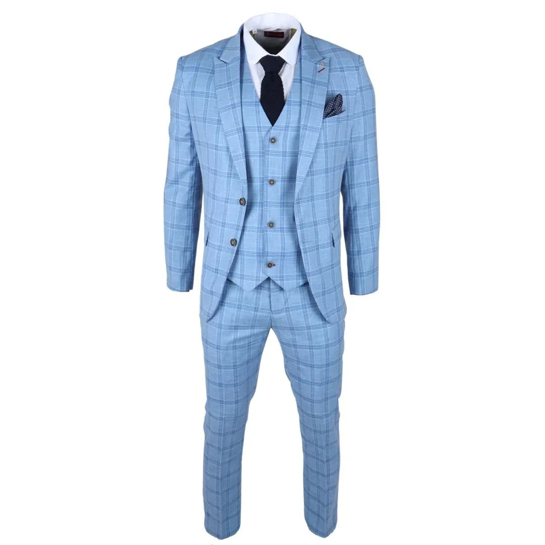 Plowman Men's Light Blue 3-Piece Checked Suit