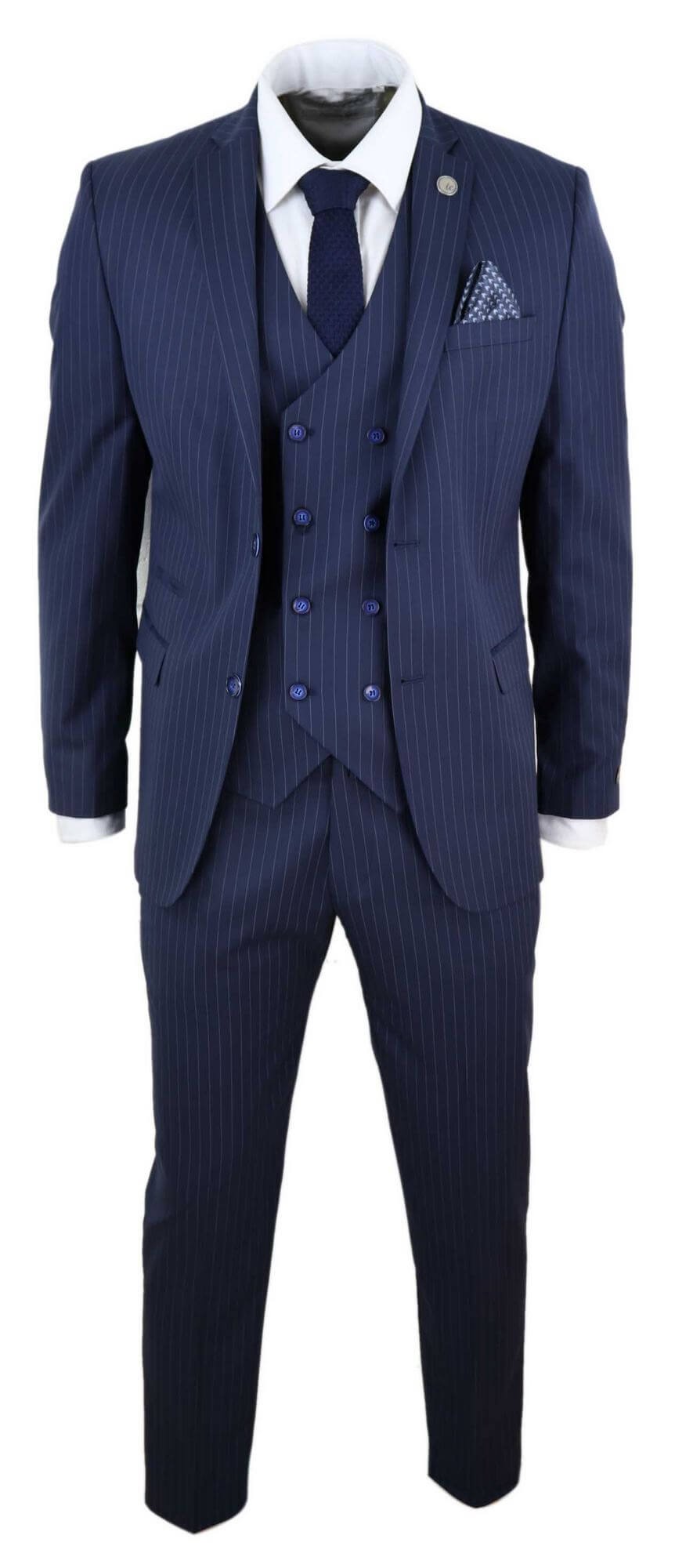 Mens 3 Piece Pinstripe Navy-Blue Suit