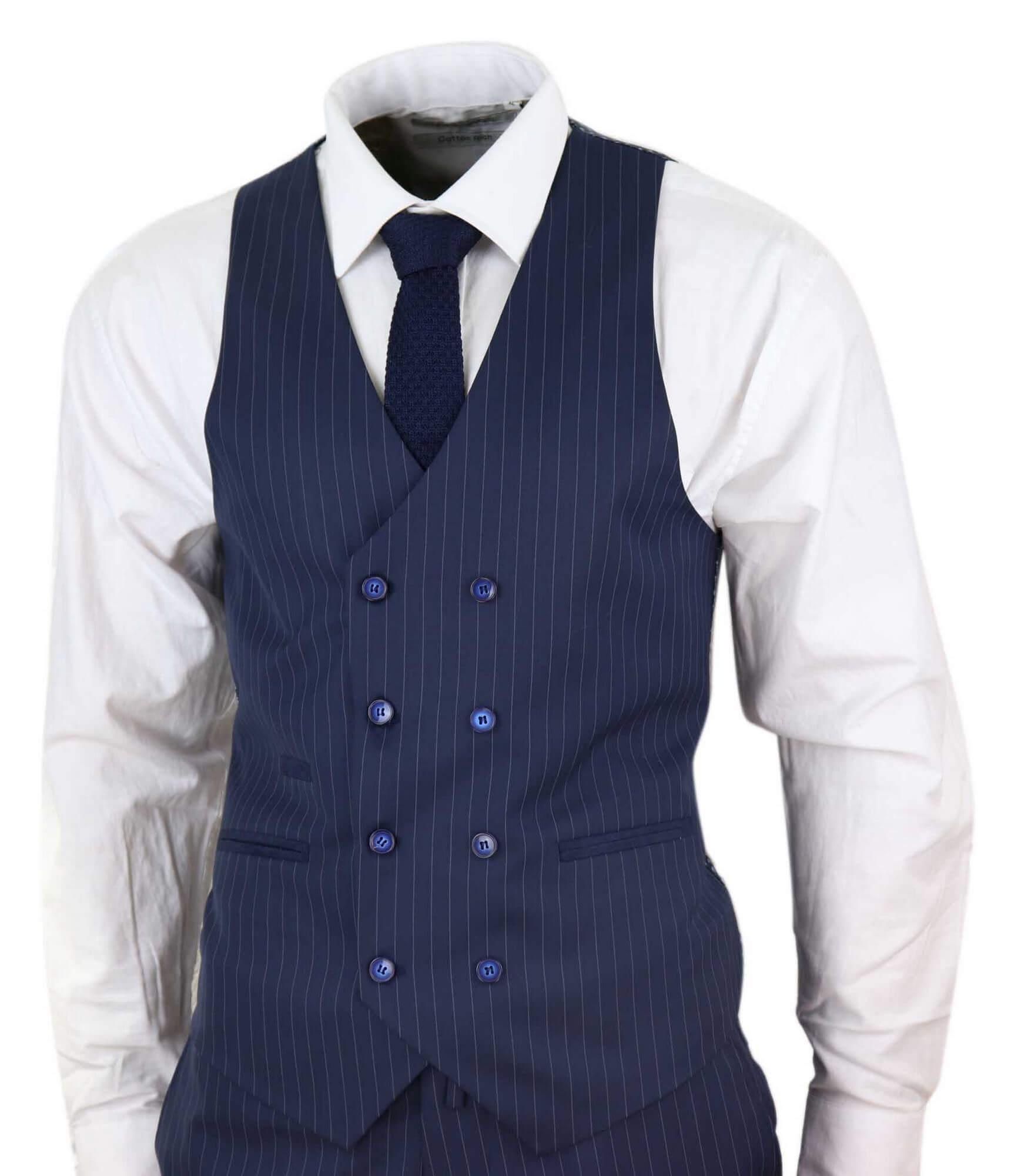 Mens 3 Piece Pinstripe Navy-Blue Suit