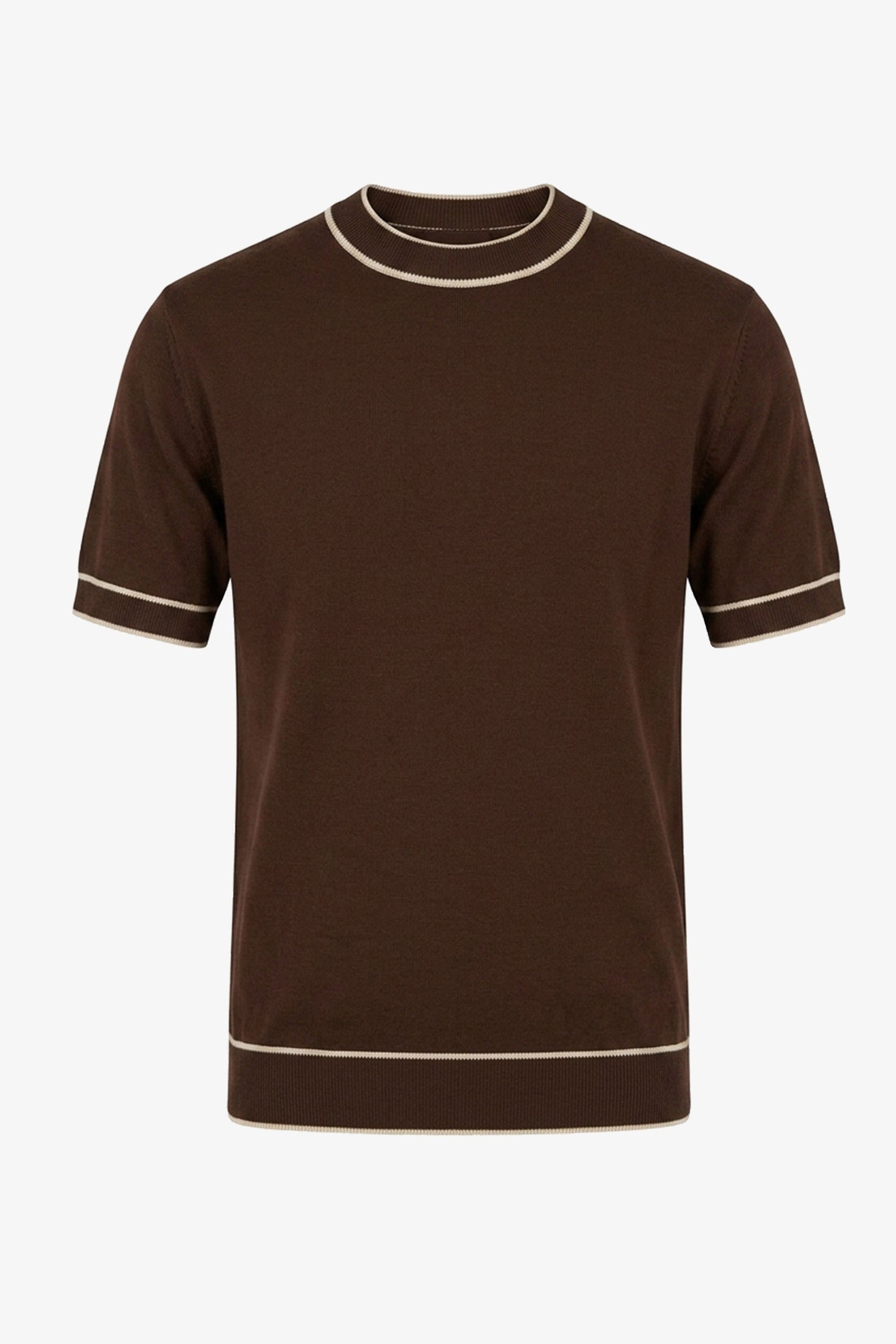 T-shirt marron en maille pour homme, coupe classique, col rond et finitions contrastées