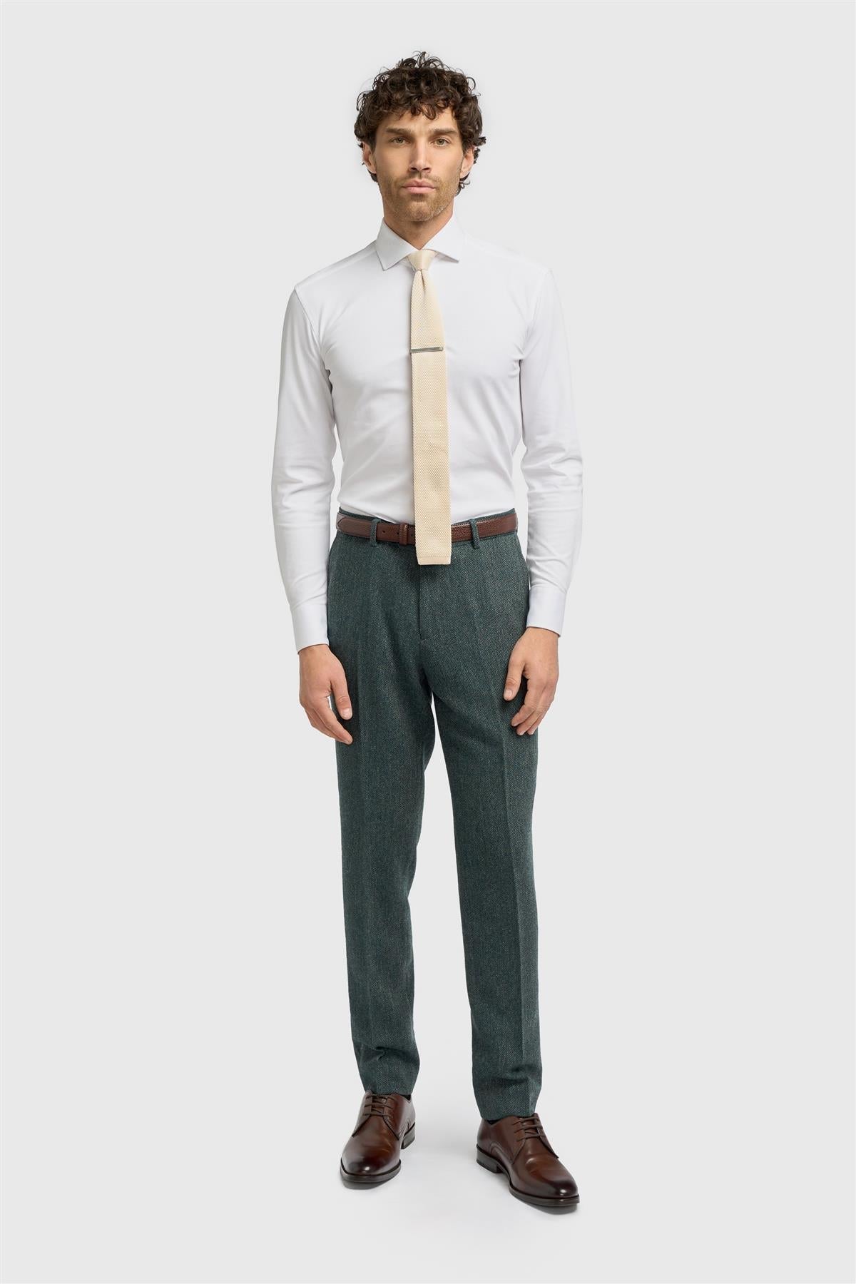 Pantalon Thomas pour homme en tweed à chevrons mélangé laine olive