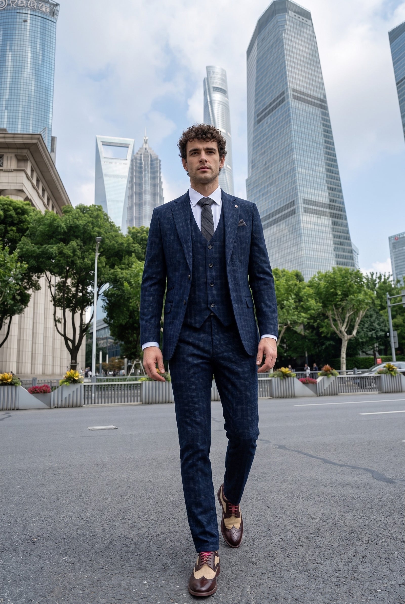 Look #570 styled with Marcos - Costume trois pièces pour homme, bleu marine à carreaux, coupe ajustée