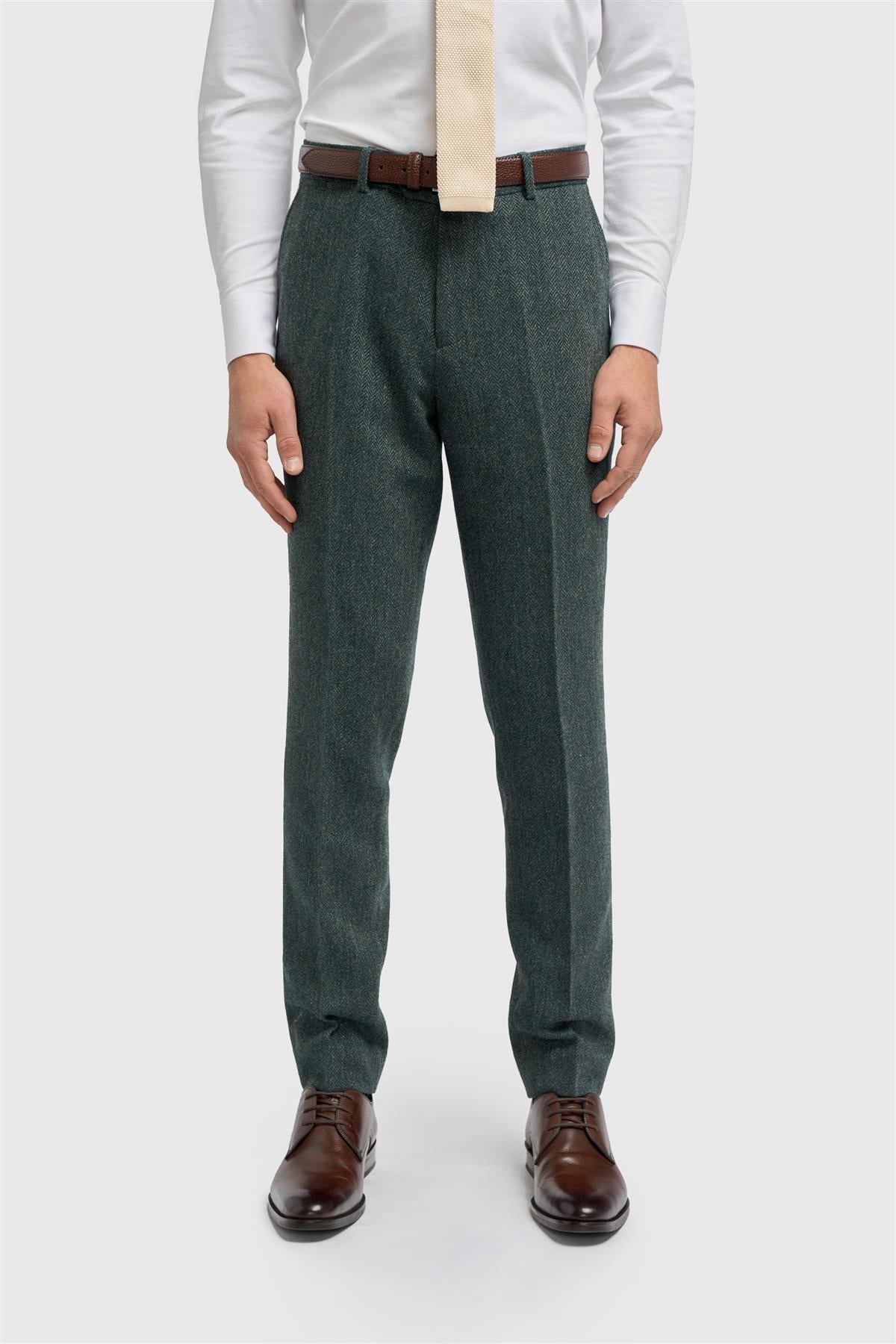 Pantalon Thomas pour homme en tweed à chevrons mélangé laine olive