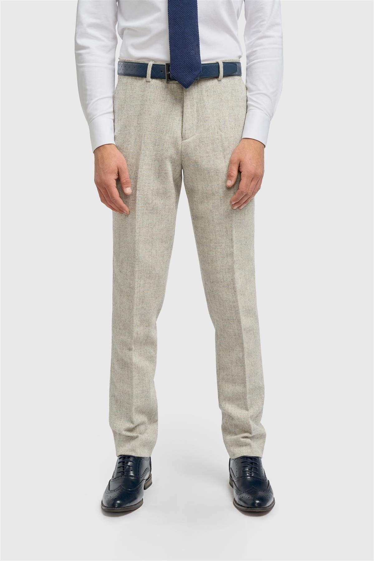 Pantalon Thomas pour homme en tweed à chevrons gris mélangé laine