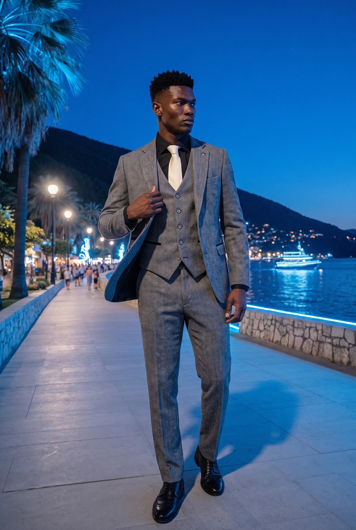 Look #975 styled with IM41 - Costume trois pièces en tweed gris à chevrons pour homme