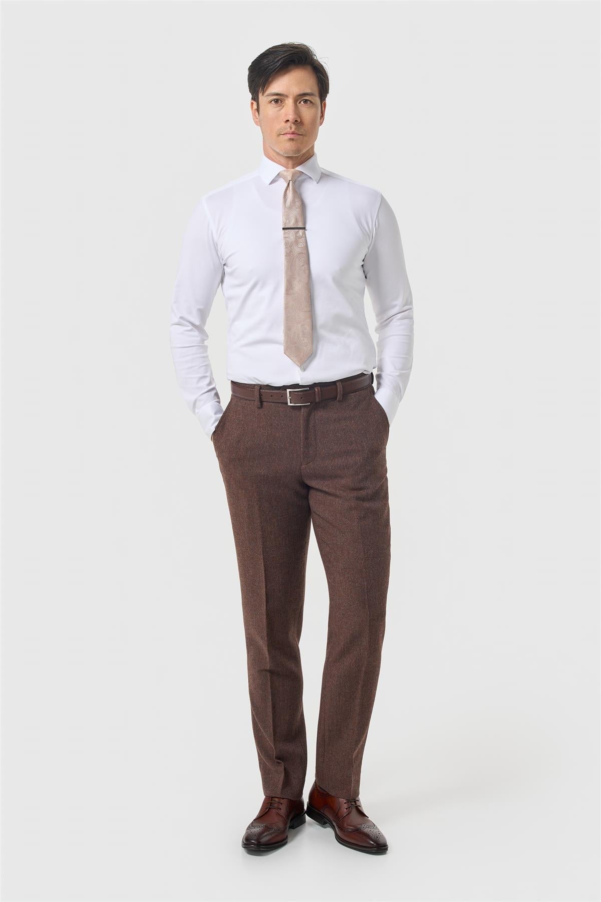 Pantalon Thomas pour homme en tweed à chevrons mélangé laine marron
