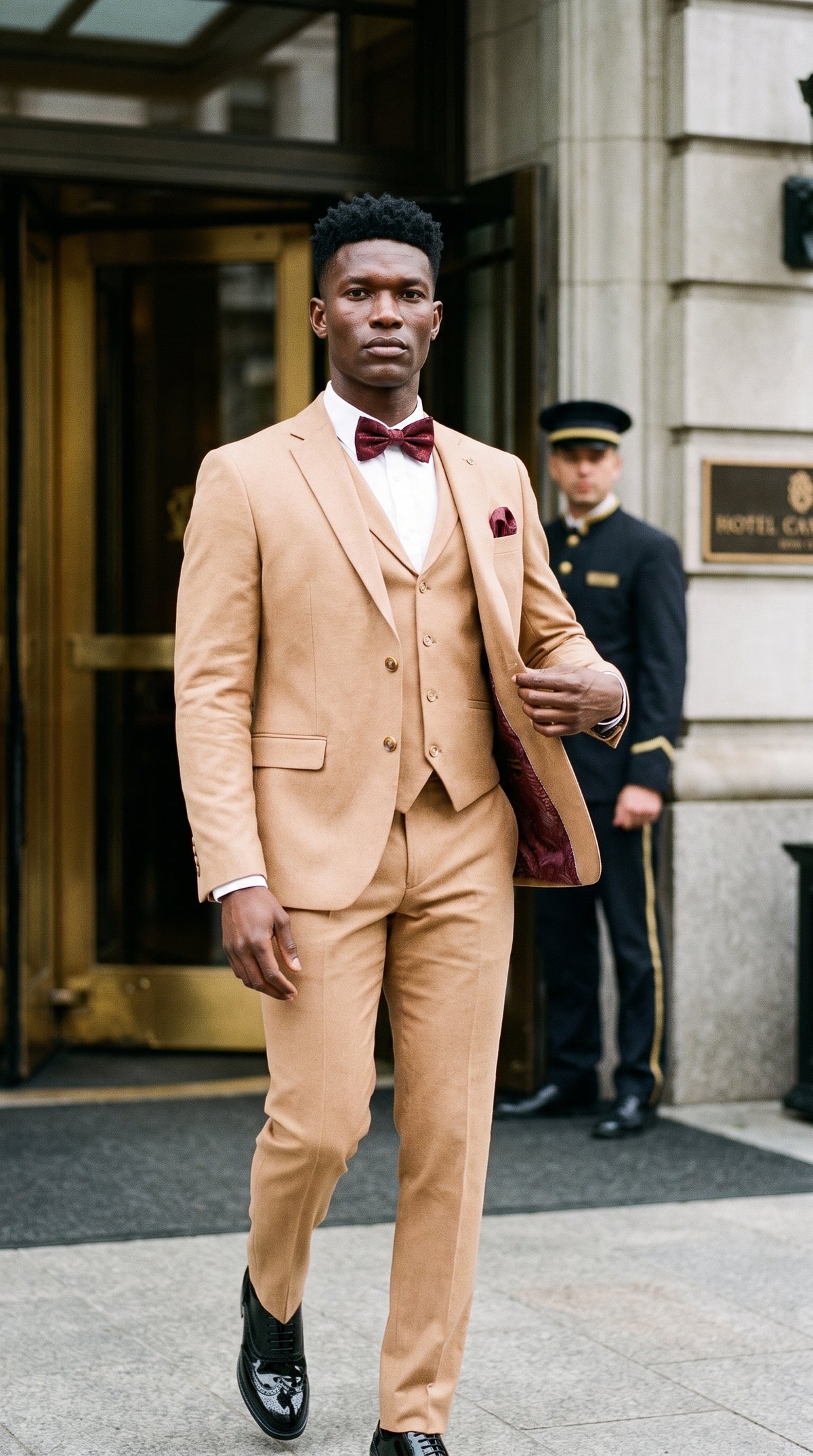 Look #644 styled with TP-23 - Costume de mariage d'été 3 pièces en lin camel pour homme
