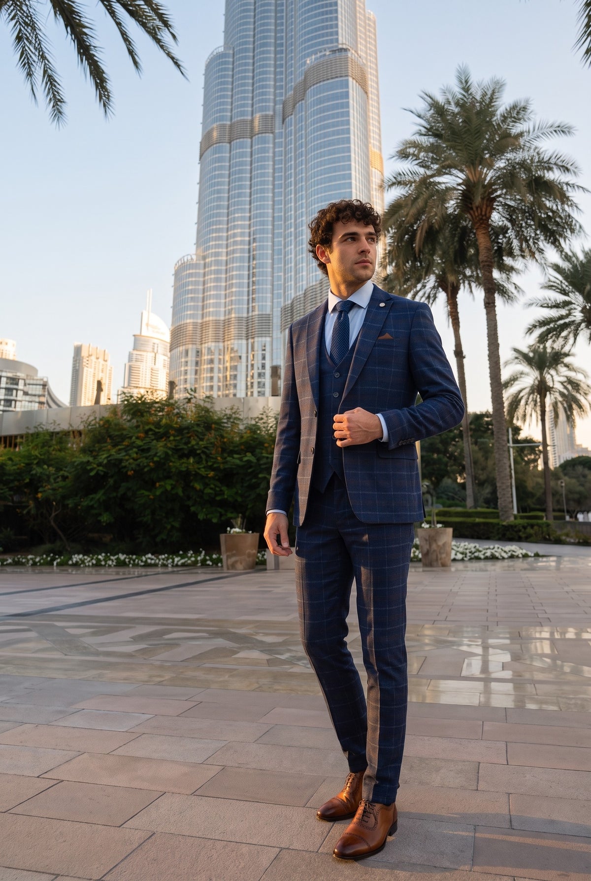Look #978 styled with Costume trois pièces à carreaux bleu marine pour homme - Paul Andrew Kenneth