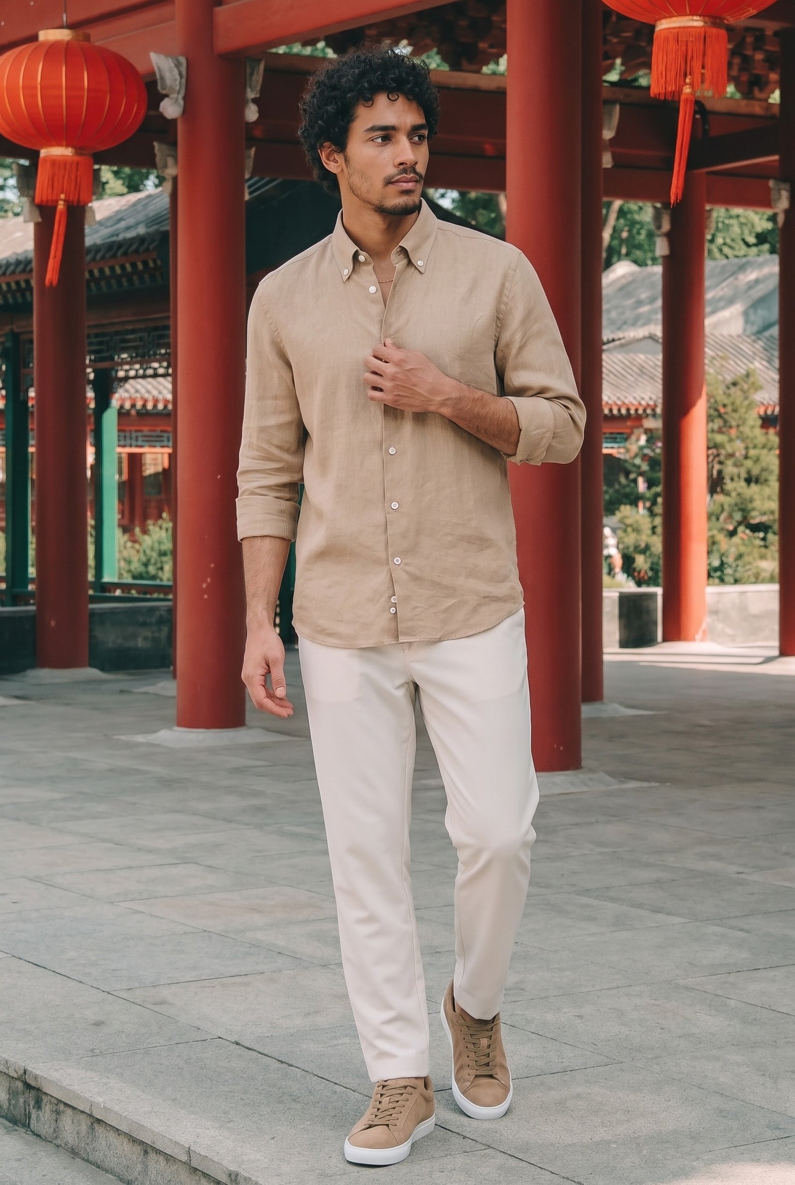 Look #890 styled with Chemise d'été homme en pur lin marron camel, manches longues, boutonnée