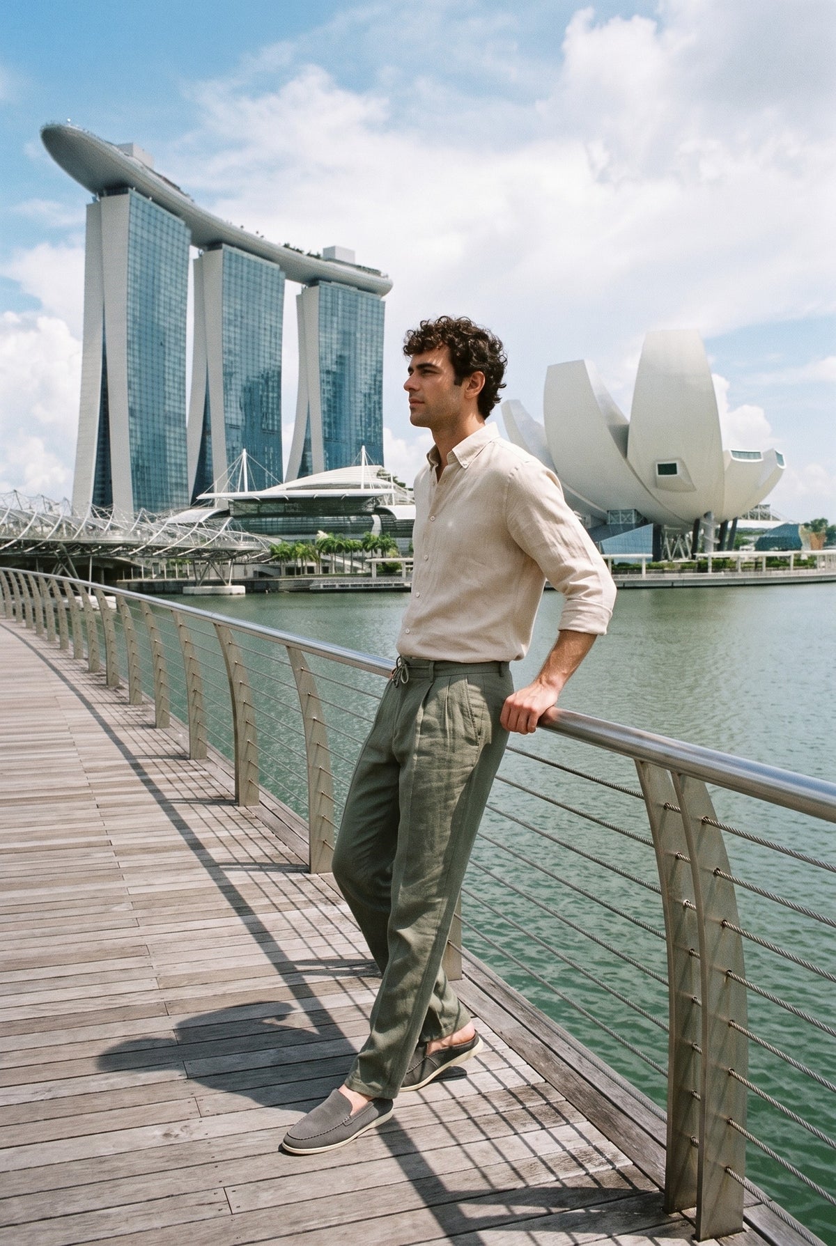 Look #877 styled with Chemise d'été beige en pur lin pour homme, manches longues, boutonnée