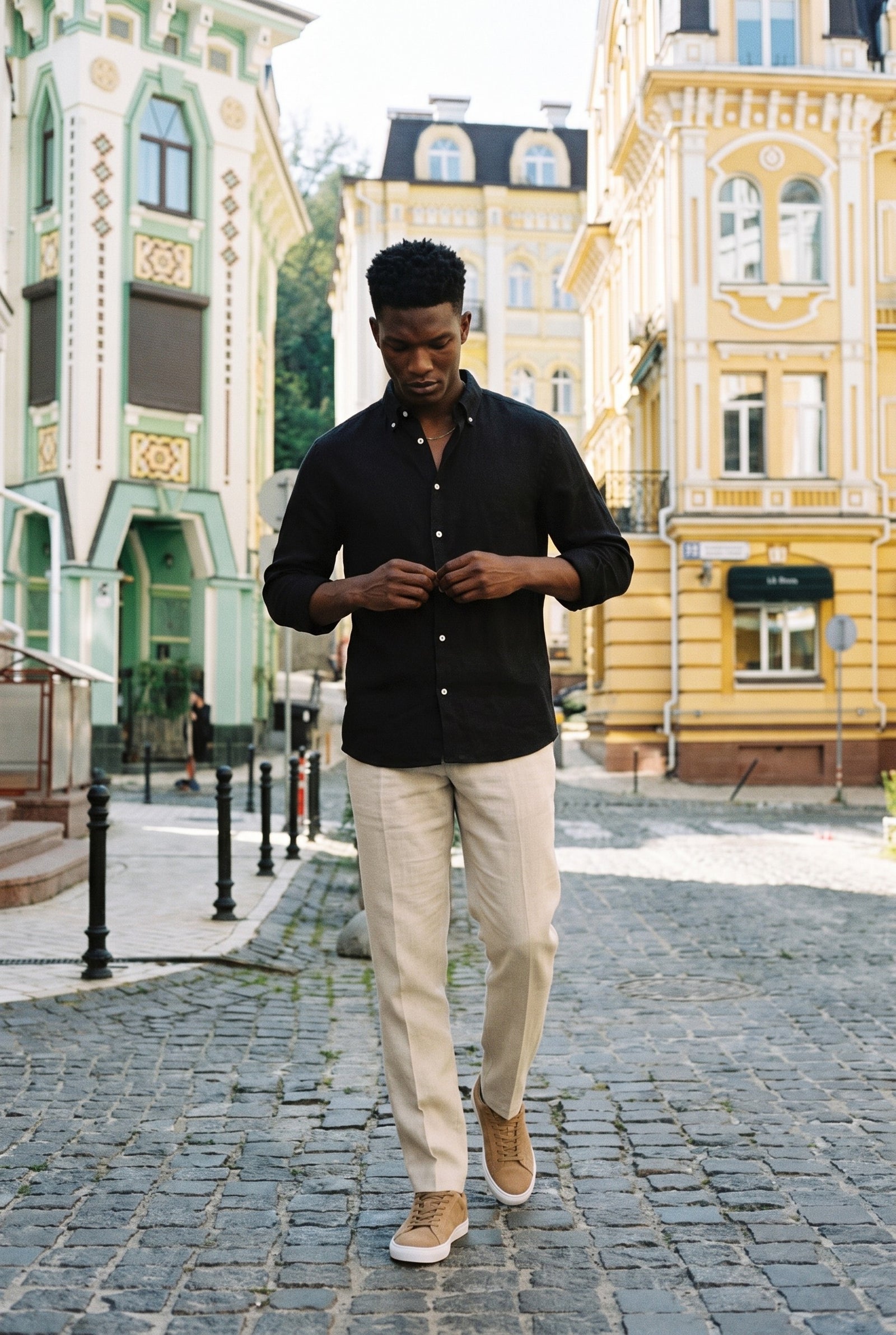 Look #1015 styled with Chemise d'été à manches longues en pur lin noir pour homme