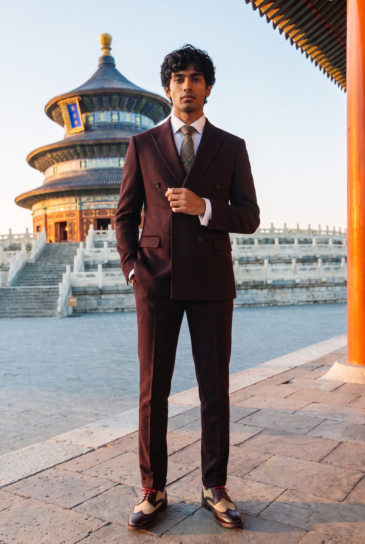 Look #641 styled with Regent - Costume croisé deux pièces bordeaux pour homme