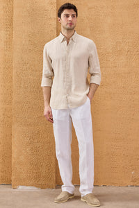 Chemise d'été beige en pur lin pour homme, manches longues, boutonnée