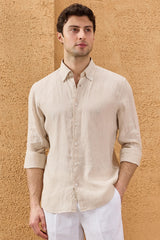 Chemise d'été beige en pur lin pour homme, manches longues, boutonnée