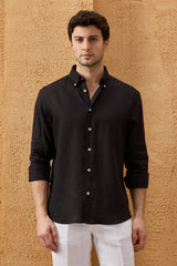 Chemise d'été à manches longues en pur lin noir pour homme