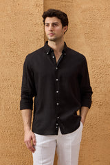 Chemise d'été à manches longues en pur lin noir pour homme