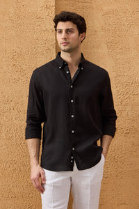 Chemise d'été à manches longues en pur lin noir pour homme