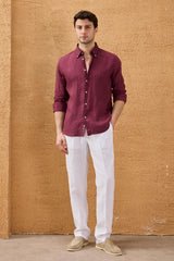 Chemise d'été à manches longues en pur lin bordeaux pour homme