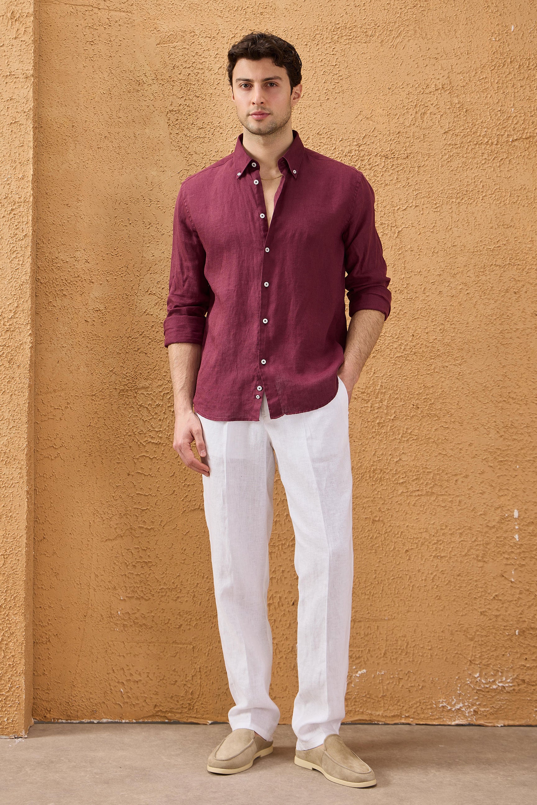 Chemise d'été à manches longues en pur lin bordeaux pour homme